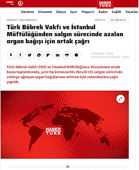 Türk Böbrek Vakfı ve İstanbul Müftülüğünden Salgın Sürecinde Azalan Organ Bağışı İçin Ortak Çağrı