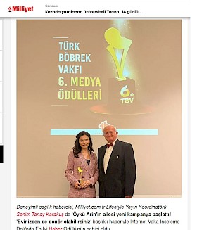 Türk Böbrek Vakfı'ndan Milliyet.com.tr'ye ödül