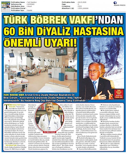 TBV 60 Bin Diyaliz Hastasına Önemli Uyarı