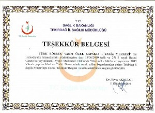Kapaklı Diyaliz Merkezi’ne Teşekkür Belgesi