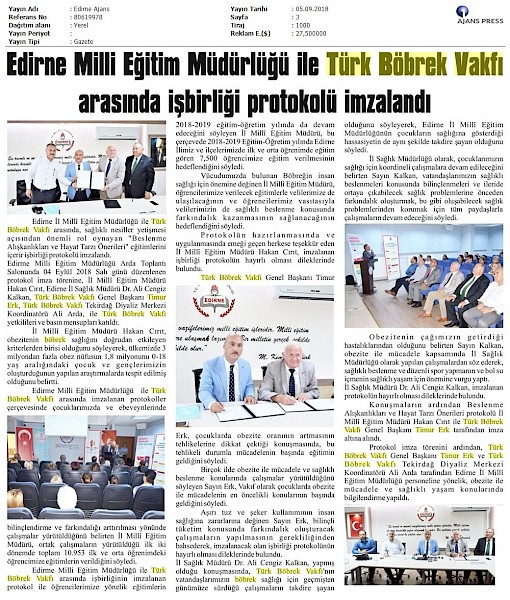 Edirne Milli Eğitim Müdürlüğü İle Türk Böbrek Vakfı Arasında İş Birliği Protokolü