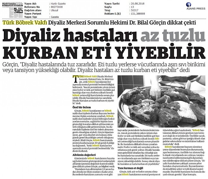 Diyaliz Hastaları Az Tuzlu Kurban Eti Yiyebilir.