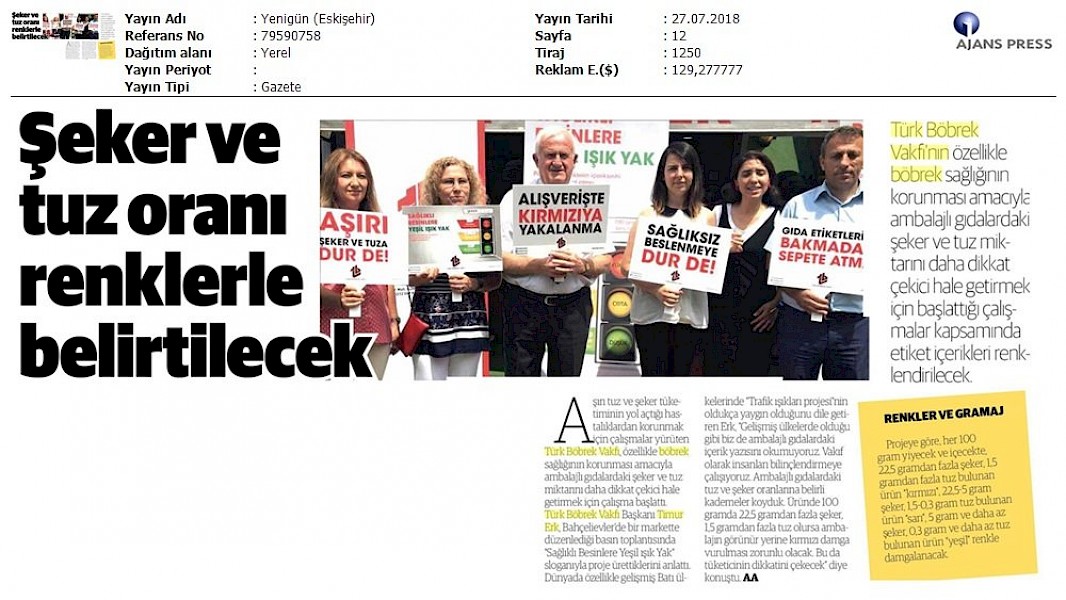 Şeker ve Tuz Oranı Renklerle Belirlenecek