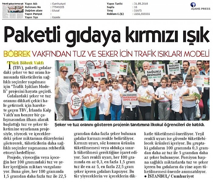 Türk Böbrek Vakfı´ndan Tuz ve Şeker İçin Trafik Işıkları Modeli