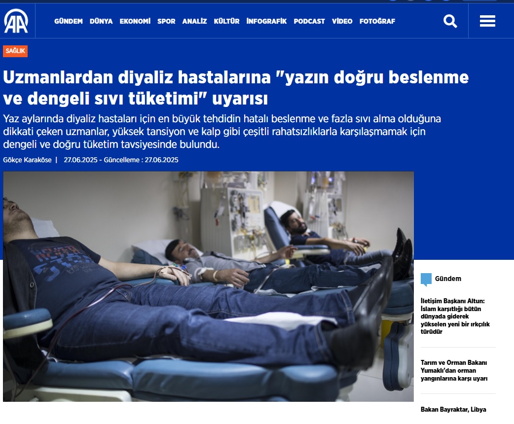 Uzmanlardan diyaliz hastalarına "yazın doğru beslenme ve dengeli sıvı tüketimi" uyarısı