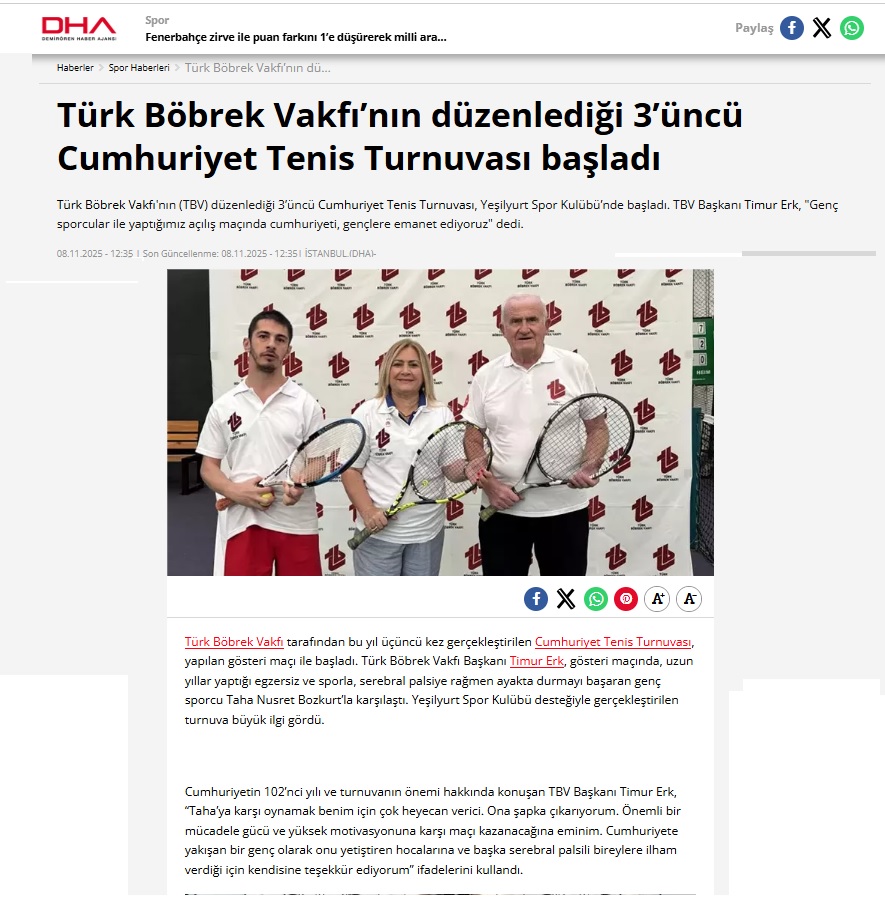 Türk Böbrek Vakfı’nın düzenlediği 3’üncü Cumhuriyet Tenis Turnuvası başladı