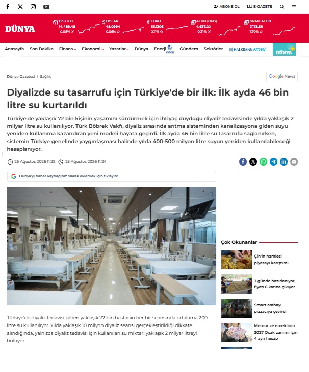 Diyalizde su tasarrufu için Türkiye&acute;de bir ilk: İlk ayda 46 bin litre su kurtarıldı