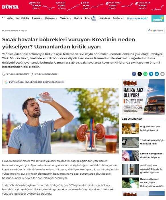 Sıcak Havalar Böbrekleri Vuruyor: Kreatinin Neden Yükseliyor? Uzmanlardan Kritik Uyarı