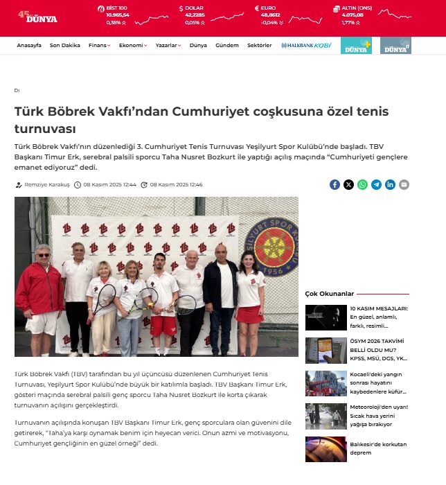 Türk Böbrek Vakfı’ndan Cumhuriyet coşkusuna özel tenis turnuvası