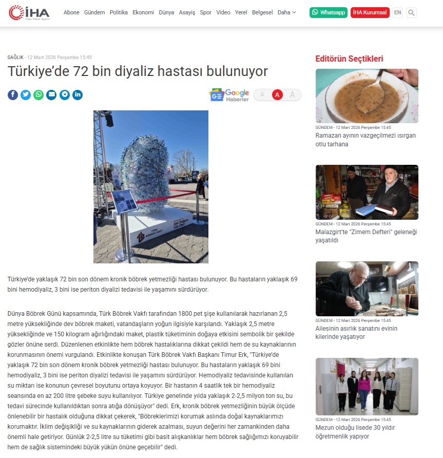 Türkiye’de 72 bin diyaliz hastası bulunuyor