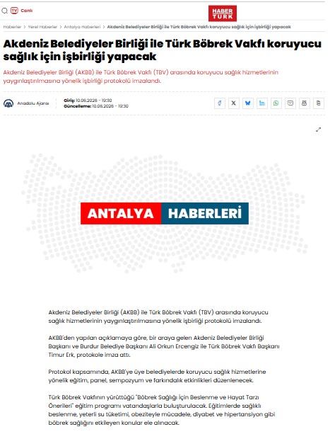 Akdeniz Belediyeler Birliği ile Türk Böbrek Vakfı koruyucu sağlık için işbirliği yapacak