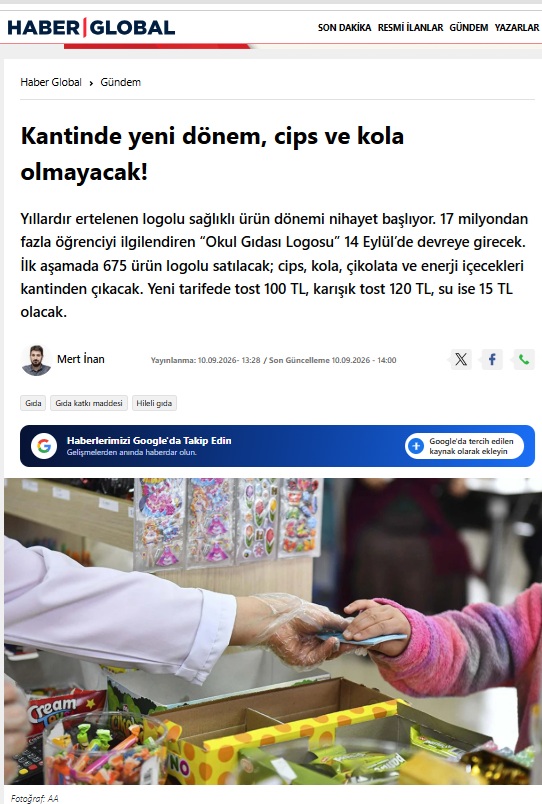 Kantinde yeni dönem, cips ve kola olmayacak!