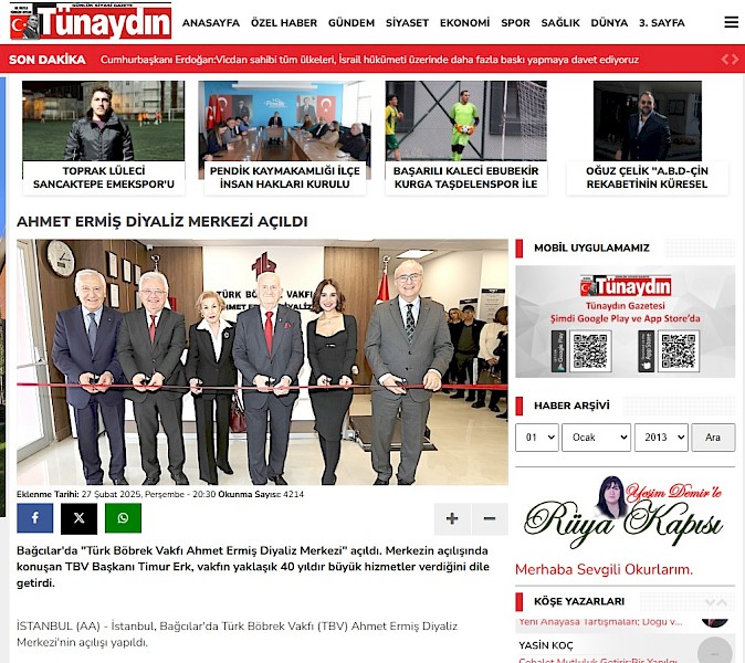 TBV Ahmet Ermiş Diyaliz Merkezi açıldı
