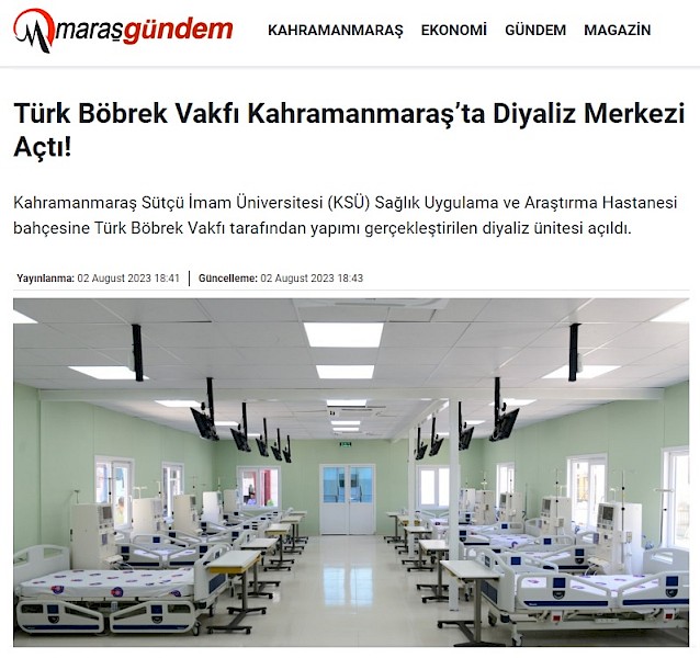 Türk Böbrek Vakfı Kahramanmaraş´ta Diyaliz Merkezi Açtı!