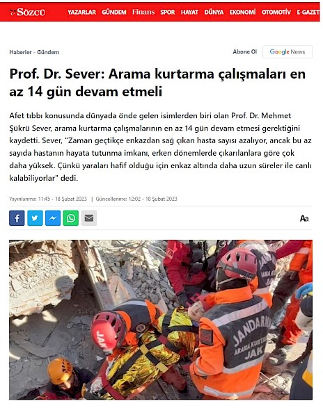 Prof. Dr. Sever: Arama kurtarma çalışmaları en az 14 gün devam etmeli