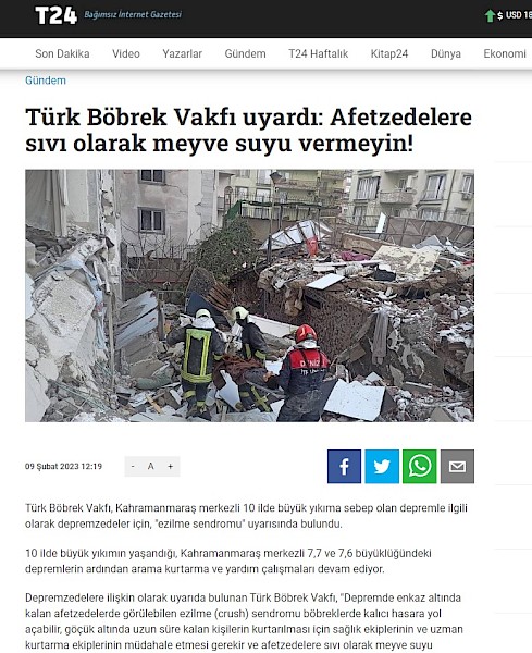 Türk Böbrek Vakfı uyardı: Afetzedelere sıvı olarak meyve suyu vermeyin!