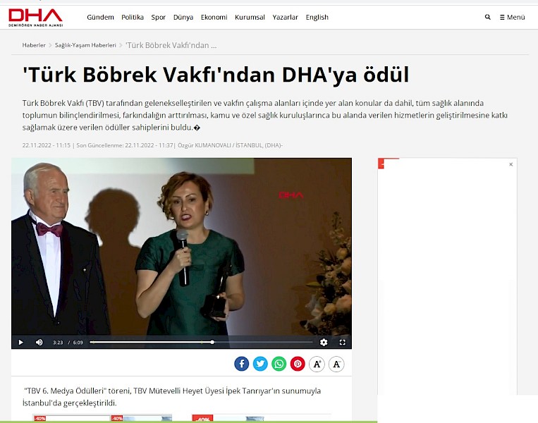 Türk Böbrek Vakfı´ndan DHA´ya ödül