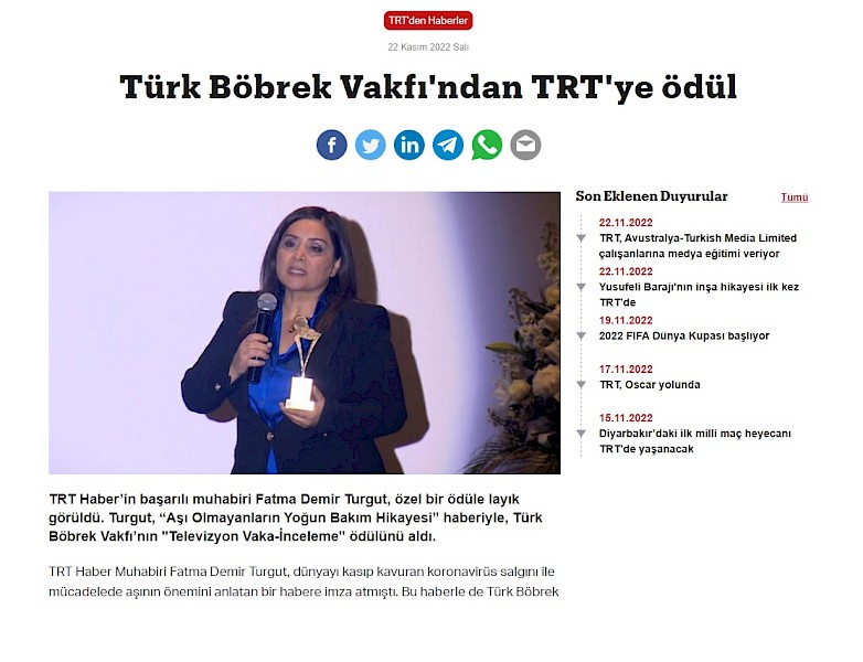 Türk Böbrek Vakfı´ndan TRT´ye ödül