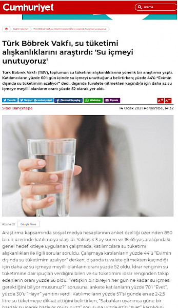 Türk Böbrek Vakfı, su tüketimi alışkanlıklarını araştırdı: ´Su içmeyi unutuyoruz´