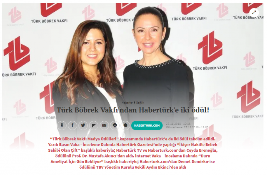 Türk Böbrek Vakfı´ndan Habertürk´e iki ödül!