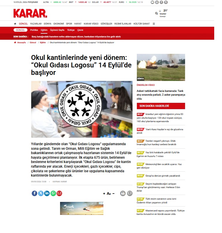 Okul kantinlerinde yeni dönem: “Okul Gıdası Logosu” 14 Eylül’de başlıyor