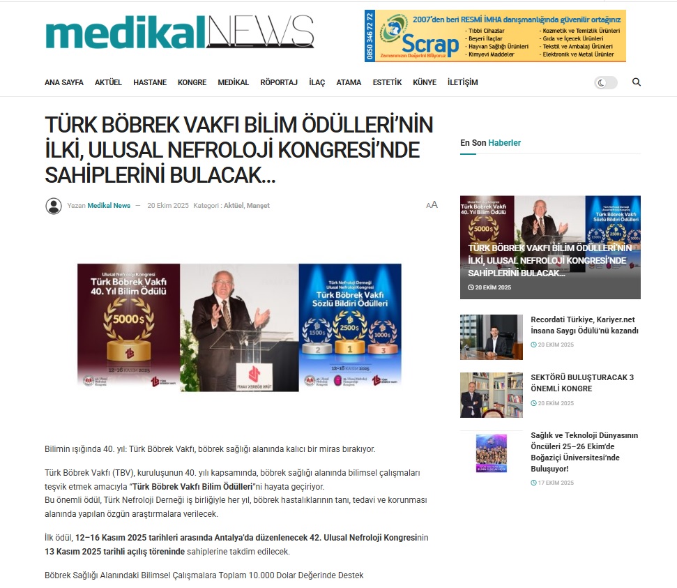 TÜRK BÖBREK VAKFI BİLİM ÖDÜLLERİ’NİN İLKİ, ULUSAL NEFROLOJİ KONGRESİ’NDE SAHİPLERİNİ BULACAK