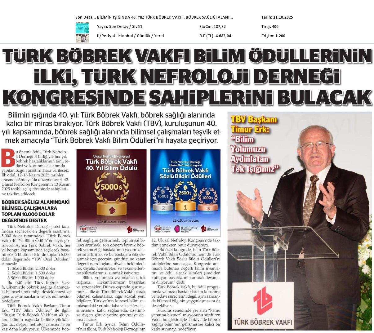 Türk Böbrek Vakfı Bilim Ödüllerinin İlki