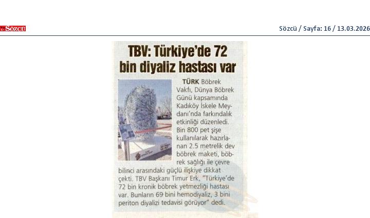 TBV: Türkiye&acute;de 72 Bin Diyaliz Hastası Var