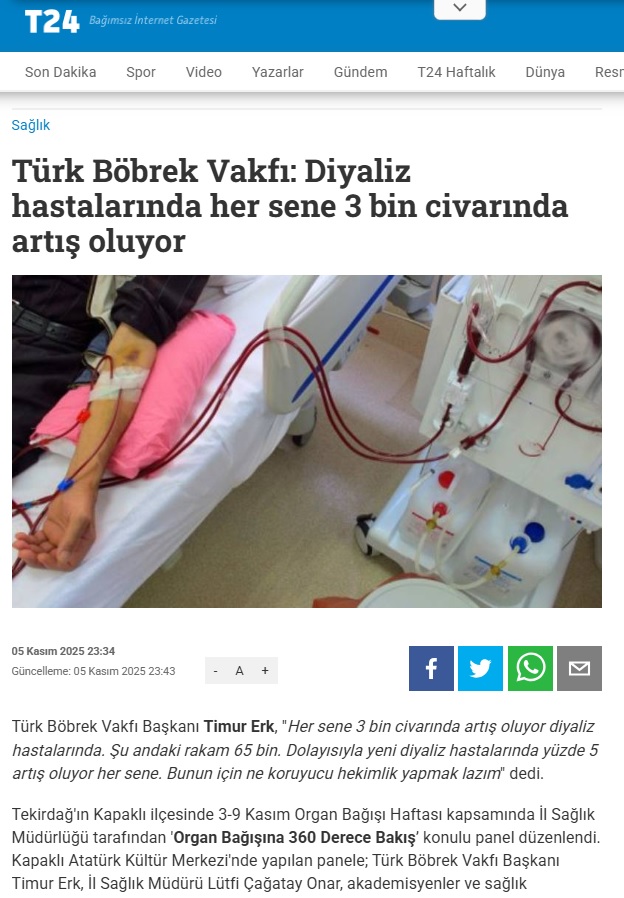 Türk Böbrek Vakfı: Diyaliz hastalarında her sene 3 bin civarında artış oluyor