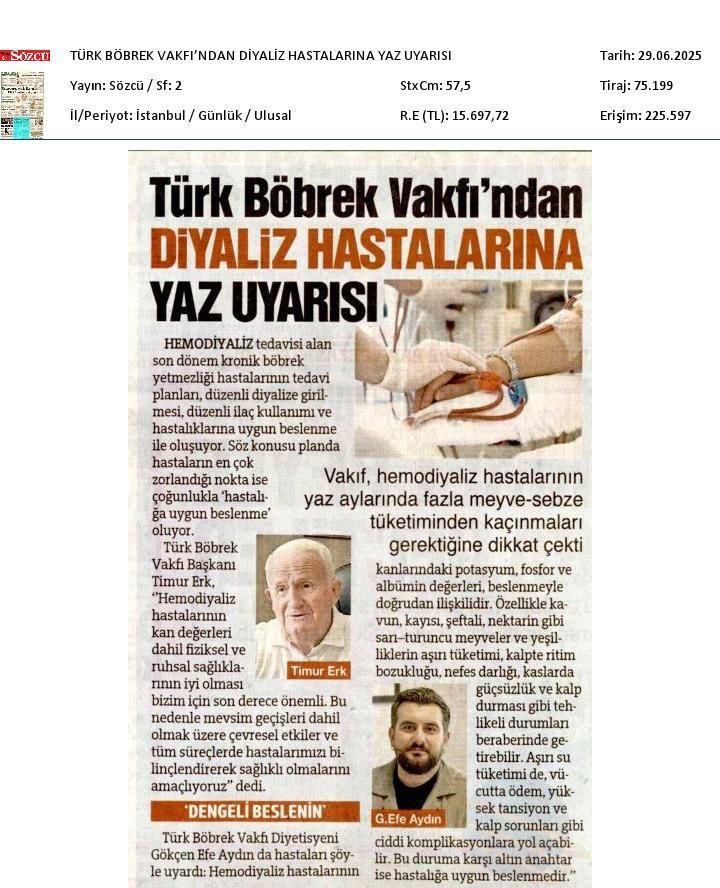 Türk Böbrek Vakfı´ndan Diyaliz Hastalarına Yaz Uyarısı