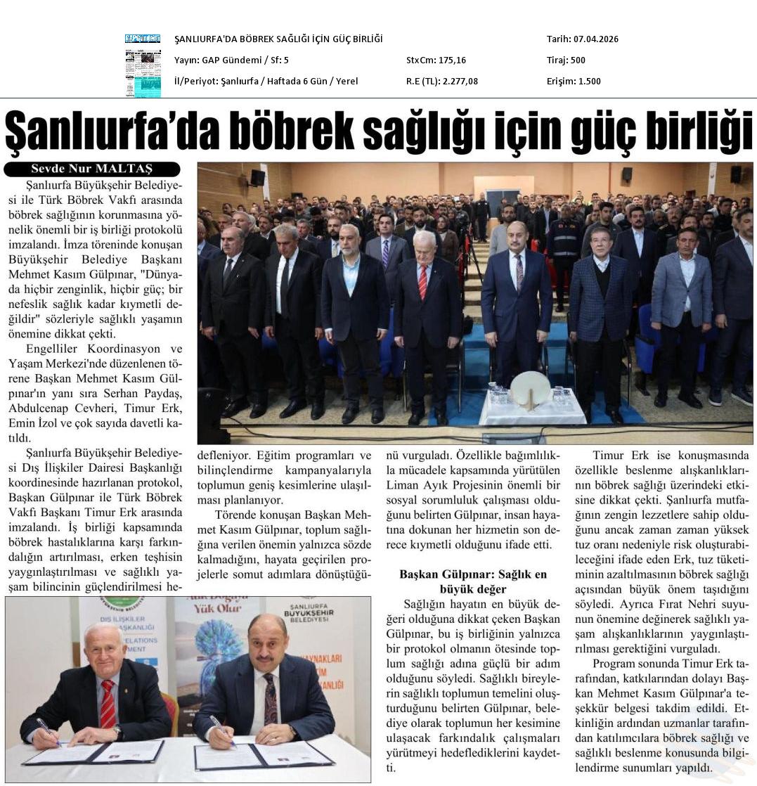 Şanlıurfa&acute;da Böbrek Sağlığı İçin Güç Birliği