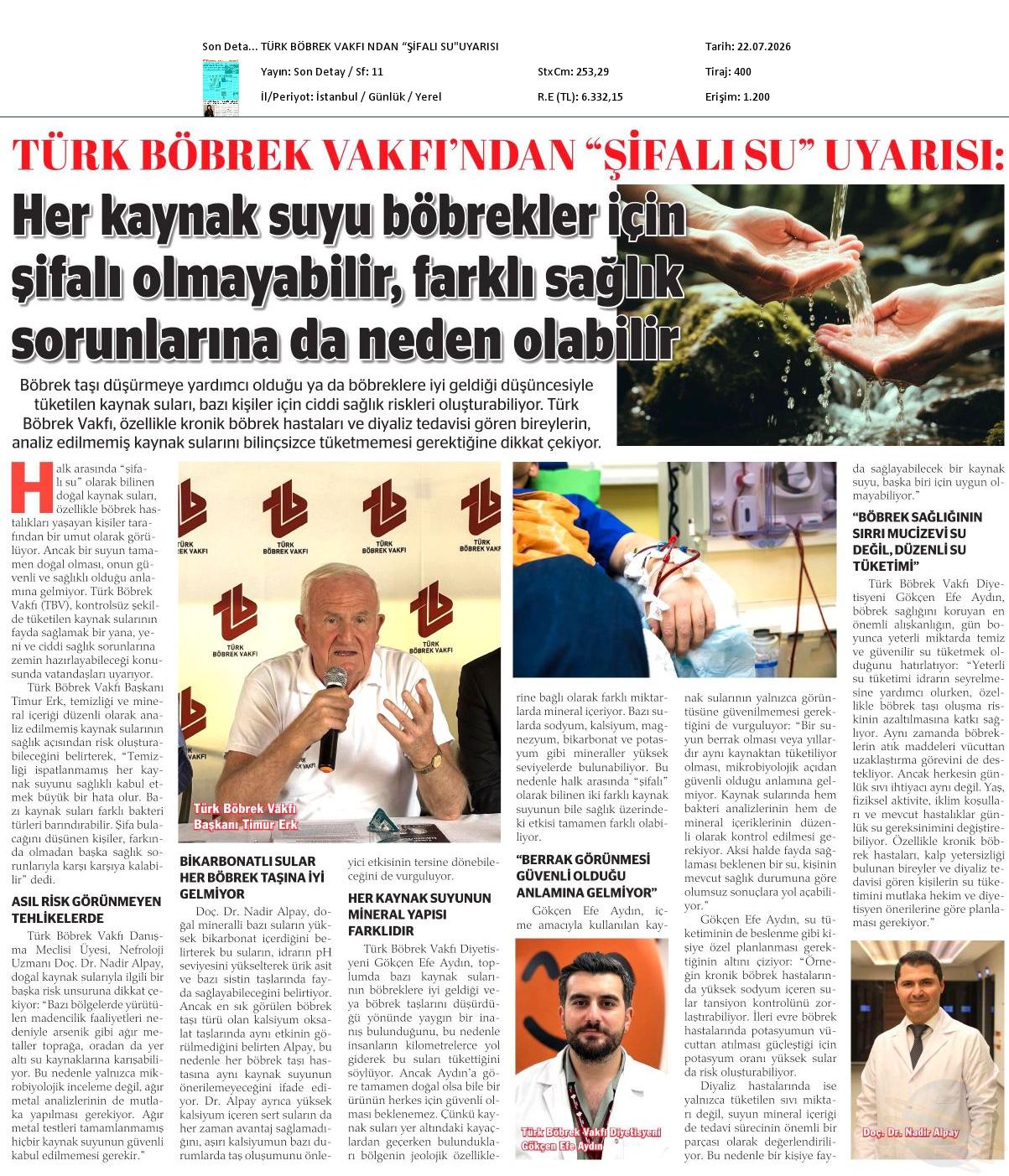 Türk Böbrek Vakfı&acute;ndan Şifalı Su Uyarısı