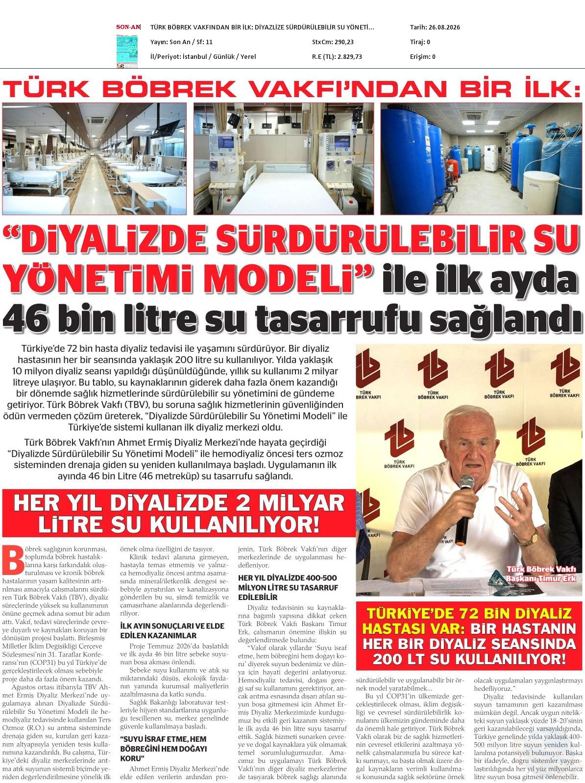 Diyalizde Sürdürülebilir Su Yönetimi Modeli