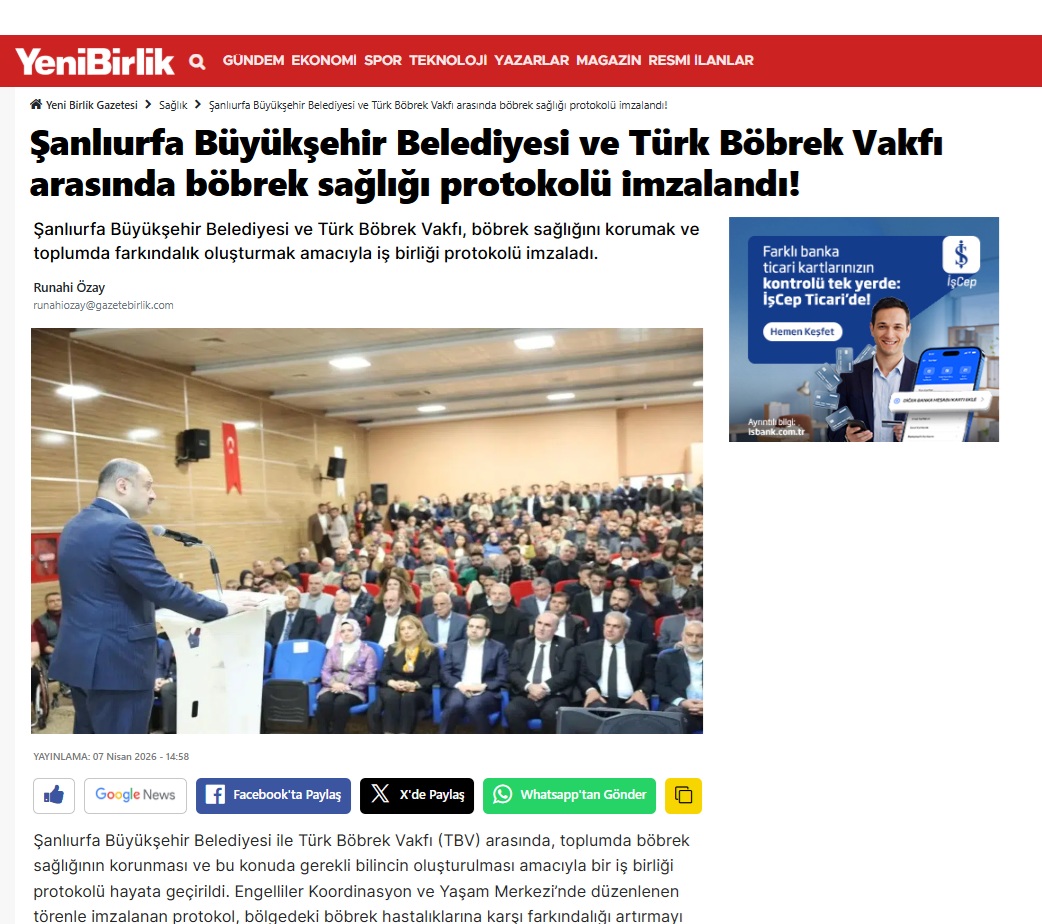 Şanlıurfa Büyükşehir Belediyesi ve Türk Böbrek Vakfı arasında böbrek sağlığı protokolü imzalandı!