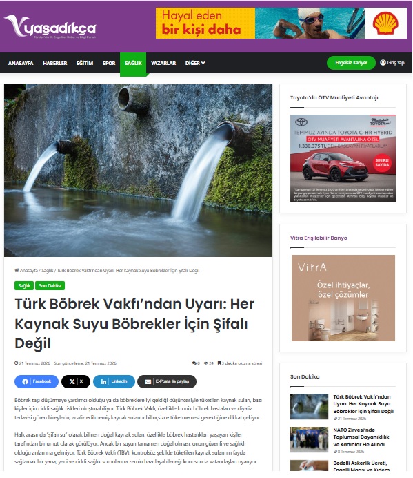 Türk Böbrek Vakfı’ndan Uyarı: Her Kaynak Suyu Böbrekler İçin Şifalı Değil